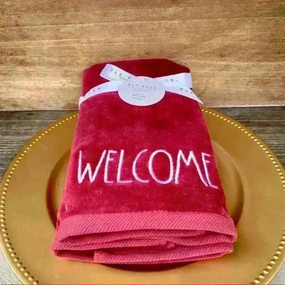 NEW SET of 2 - Rae Dunn - WELCOME - Beautiful Embroidered Burgundy Hand …